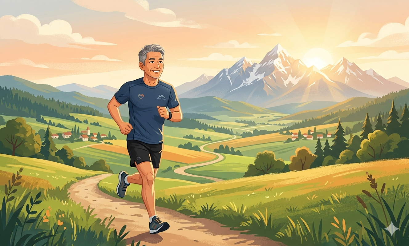 自然の中をランニングする50代男性のイラスト